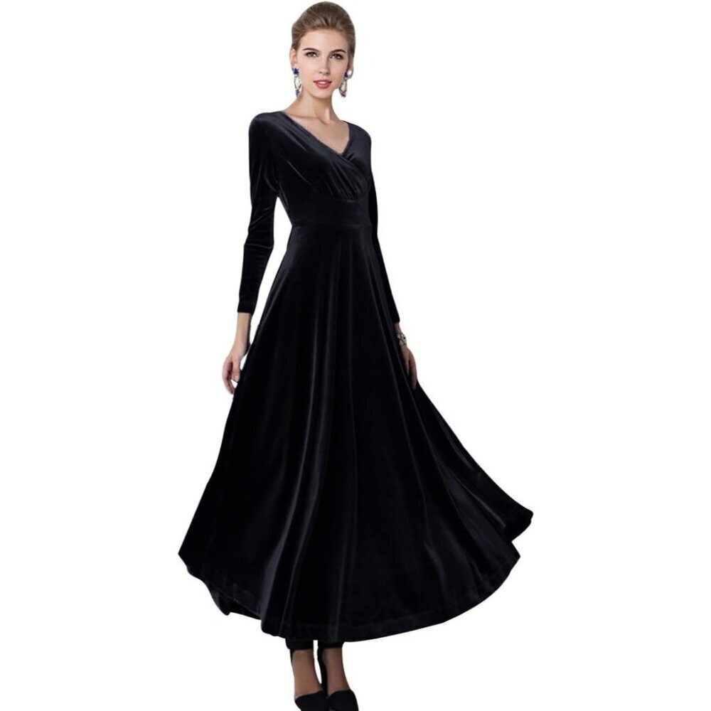 Urban CoCo Women Long Sleeve Black V-Neck Velvet Stretchy Long Dress